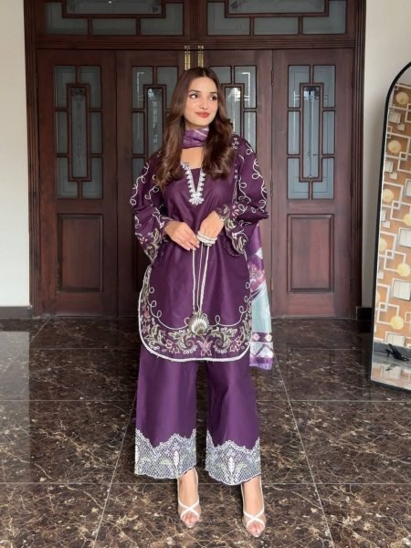 Innovative Purple French Crepe Embroidered Kurti Palazzo Set with Digital Print Dupatta 