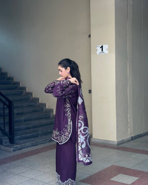 Innovative Purple French Crepe Embroidered Kurti Palazzo Set with Digital Print Dupatta CO ORD Sets