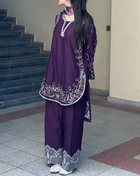 Innovative Purple French Crepe Embroidered Kurti Palazzo Set with Digital Print Dupatta CO ORD Sets