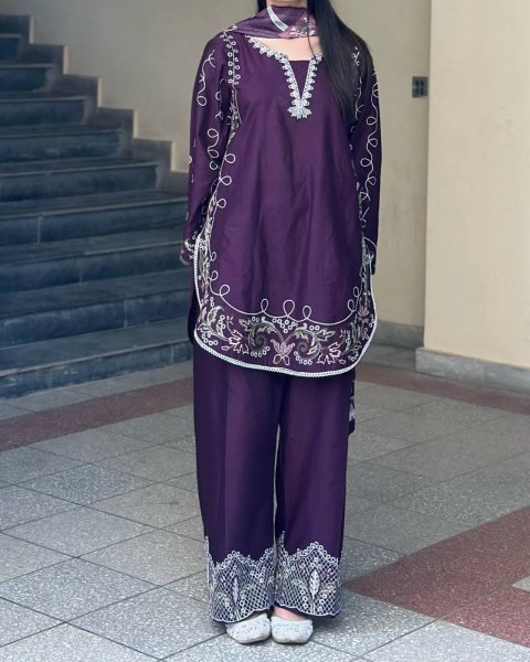 Innovative Purple French Crepe Embroidered Kurti Palazzo Set with Digital Print Dupatta CO ORD Sets