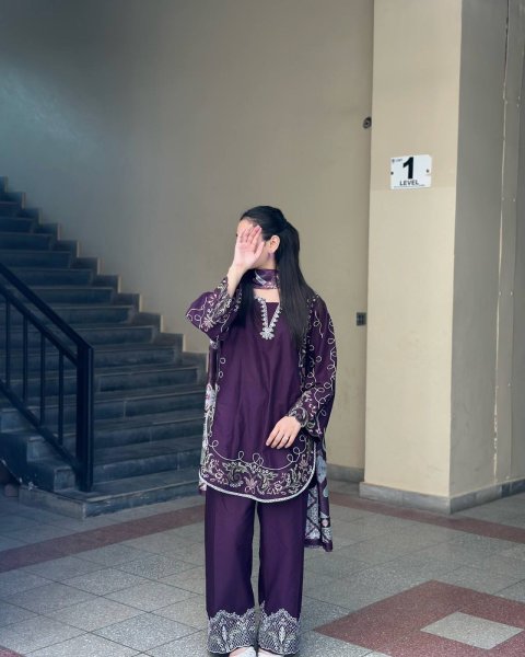 Innovative Purple French Crepe Embroidered Kurti Palazzo Set with Digital Print Dupatta CO ORD Sets