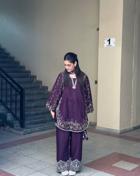 Innovative Purple French Crepe Embroidered Kurti Palazzo Set with Digital Print Dupatta CO ORD Sets