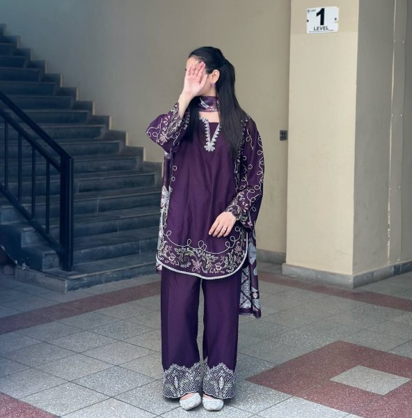 Innovative Purple French Crepe Embroidered Kurti Palazzo Set with Digital Print Dupatta CO ORD Sets