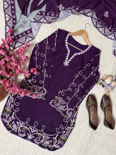 Innovative Purple French Crepe Embroidered Kurti Palazzo Set with Digital Print Dupatta CO ORD Sets