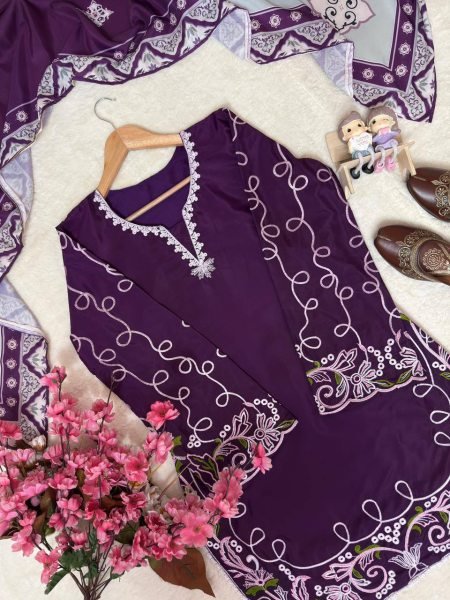 Innovative Purple French Crepe Embroidered Kurti Palazzo Set with Digital Print Dupatta CO ORD Sets