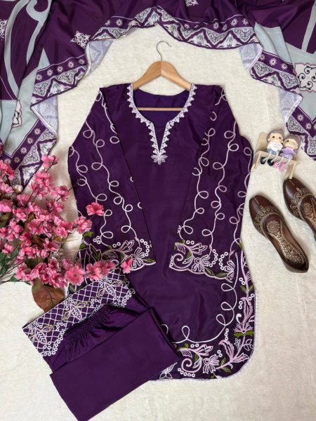 Innovative Purple French Crepe Embroidered Kurti Palazzo Set with Digital Print Dupatta CO ORD Sets