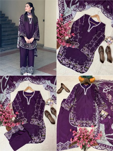 Innovative Purple French Crepe Embroidered Kurti Palazzo Set with Digital Print Dupatta CO ORD Sets