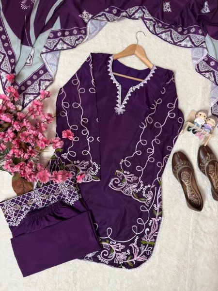 Innovative Purple French Crepe Embroidered Kurti Palazzo Set with Digital Print Dupatta CO ORD Sets