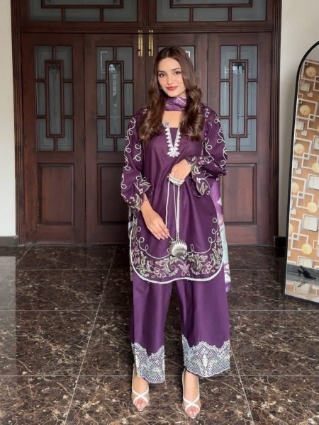 Innovative Purple French Crepe Embroidered Kurti Palazzo Set with Digital Print Dupatta CO ORD Sets