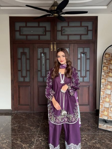 Innovative Purple French Crepe Embroidered Kurti Palazzo Set with Digital Print Dupatta CO ORD Sets