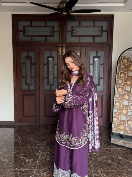 Innovative Purple French Crepe Embroidered Kurti Palazzo Set with Digital Print Dupatta CO ORD Sets