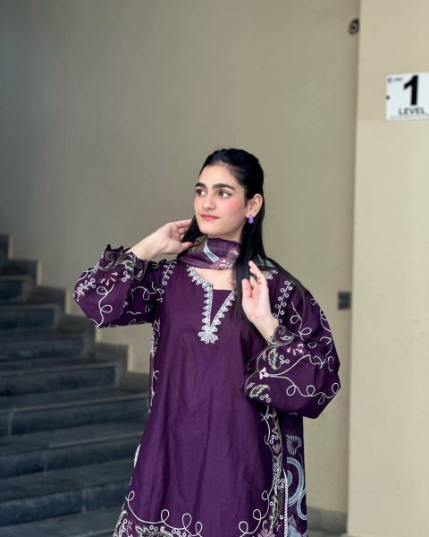 Innovative Purple French Crepe Embroidered Kurti Palazzo Set with Digital Print Dupatta CO ORD Sets