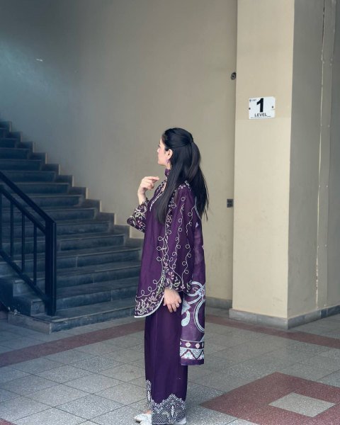 Innovative Purple French Crepe Embroidered Kurti Palazzo Set with Digital Print Dupatta CO ORD Sets