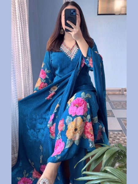 Innovative Royal Blue KitKat Silk Kurti Pant Set with Floral Dupatta for Festive Wear 