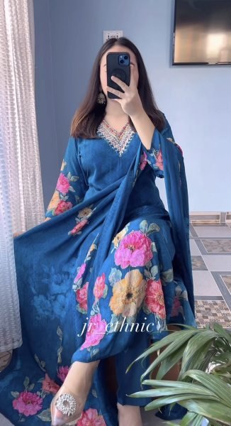 Innovative Royal Blue KitKat Silk Kurti Pant Set with Floral Dupatta for Festive Wear Printed Kurtis
