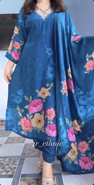 Innovative Royal Blue KitKat Silk Kurti Pant Set with Floral Dupatta for Festive Wear Printed Kurtis