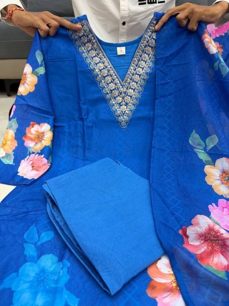 Innovative Royal Blue KitKat Silk Kurti Pant Set with Floral Dupatta for Festive Wear Printed Kurtis