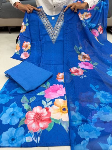 Innovative Royal Blue KitKat Silk Kurti Pant Set with Floral Dupatta for Festive Wear Printed Kurtis