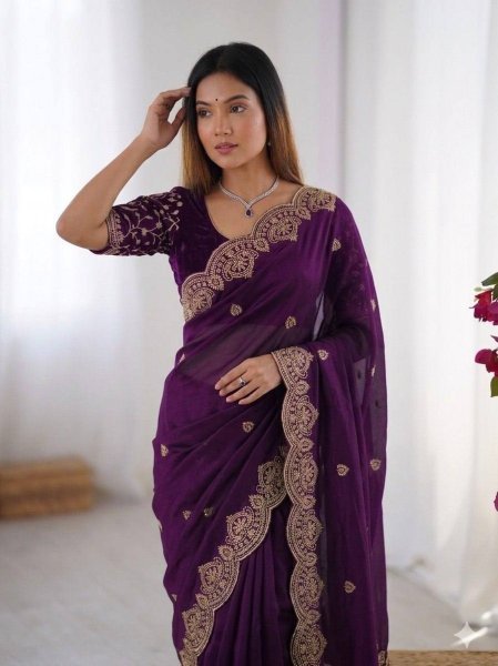 Innovative Royal Purple Comfortable Lightweight Saree for Daily Functions Embroidery Sarees Wholesale