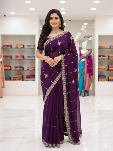 Innovative Royal Purple Pure Rangoli Silk Saree with All Over Embroidery and Border Design Sarees 