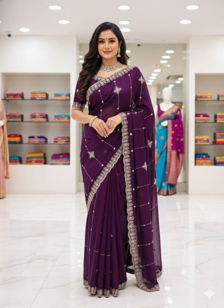 Innovative Royal Purple Pure Rangoli Silk Saree with All Over Embroidery and Border Design Silk Sarees Wholesale