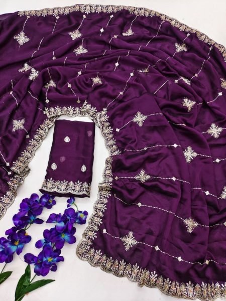 Innovative Royal Purple Pure Rangoli Silk Saree with All Over Embroidery and Border Design Silk Sarees Wholesale