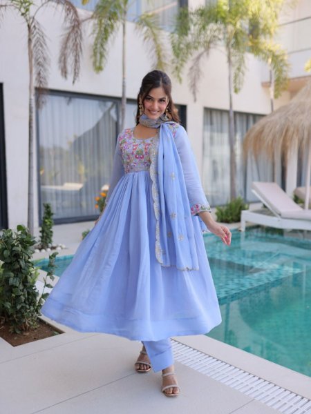 Innovative Sky Blue Elegant Chanderi Gown Set with Beads Embroidery Work Ready To Wear Suit