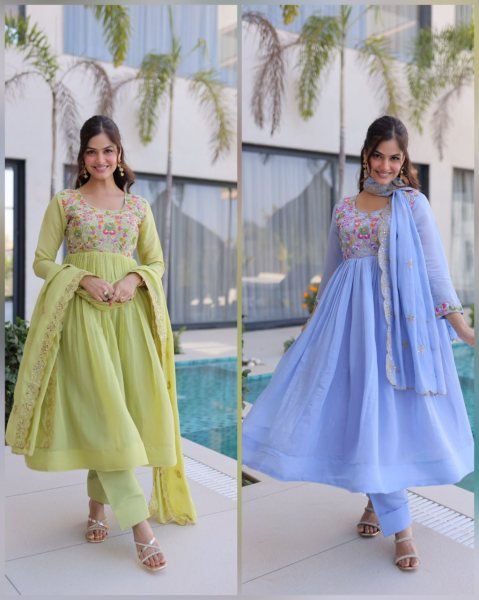 Innovative Sky Blue Elegant Chanderi Gown Set with Beads Embroidery Work Ready To Wear Collection