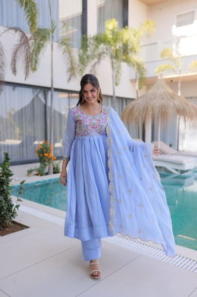 Innovative Sky Blue Elegant Chanderi Gown Set with Beads Embroidery Work Ready To Wear Collection