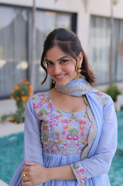 Innovative Sky Blue Elegant Chanderi Gown Set with Beads Embroidery Work Ready To Wear Collection