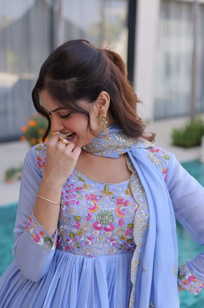 Innovative Sky Blue Elegant Chanderi Gown Set with Beads Embroidery Work Ready To Wear Collection