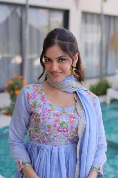Innovative Sky Blue Elegant Chanderi Gown Set with Beads Embroidery Work Ready To Wear Collection