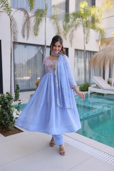 Innovative Sky Blue Elegant Chanderi Gown Set with Beads Embroidery Work Ready To Wear Collection