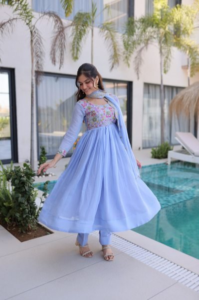 Innovative Sky Blue Elegant Chanderi Gown Set with Beads Embroidery Work Ready To Wear Collection