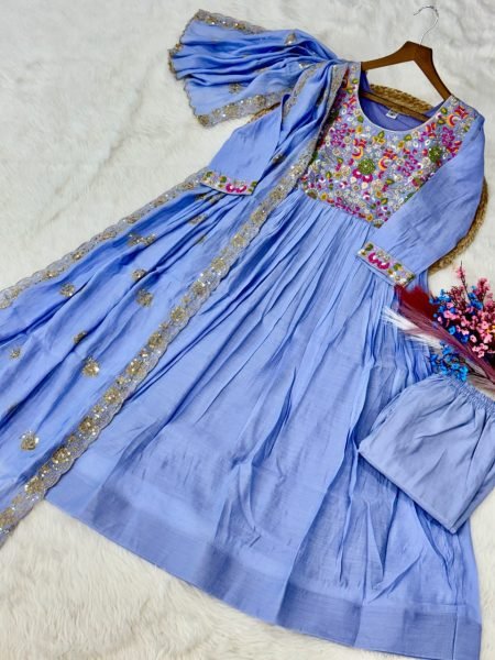 Innovative Sky Blue Elegant Chanderi Gown Set with Beads Embroidery Work Ready To Wear Collection