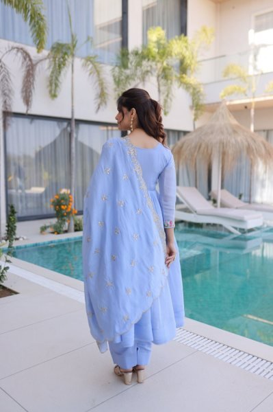 Innovative Sky Blue Elegant Chanderi Gown Set with Beads Embroidery Work Ready To Wear Collection