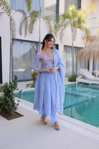 Innovative Sky Blue Elegant Chanderi Gown Set with Beads Embroidery Work Ready To Wear Collection