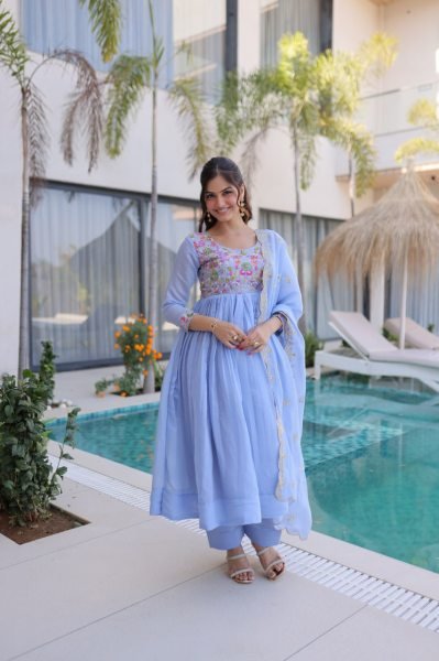 Innovative Sky Blue Elegant Chanderi Gown Set with Beads Embroidery Work Ready To Wear Collection