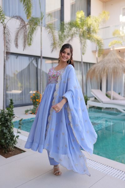 Innovative Sky Blue Elegant Chanderi Gown Set with Beads Embroidery Work Ready To Wear Collection