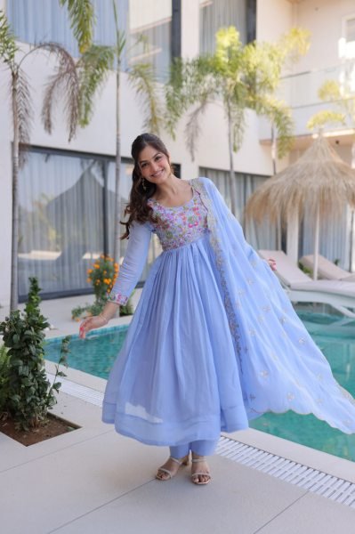 Innovative Sky Blue Elegant Chanderi Gown Set with Beads Embroidery Work Ready To Wear Collection