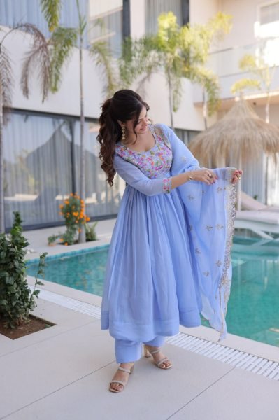 Innovative Sky Blue Elegant Chanderi Gown Set with Beads Embroidery Work Ready To Wear Collection
