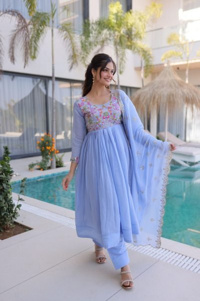 Innovative Sky Blue Elegant Chanderi Gown Set with Beads Embroidery Work Ready To Wear Collection