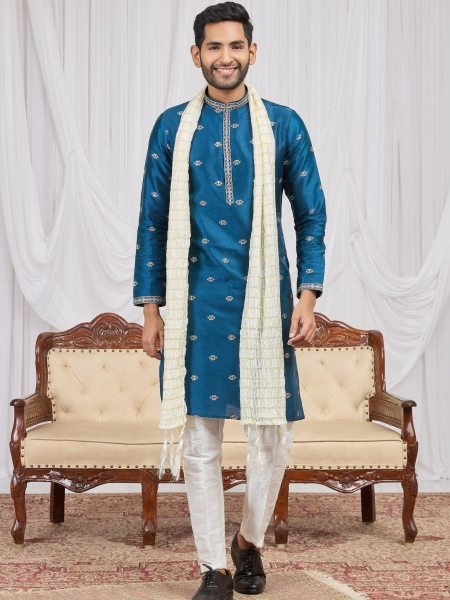 Innovative Teal Blue Designer Embroidered Kurta Pant Set at Wholesale Price Mens Wear