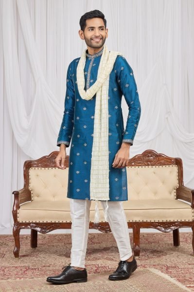 Innovative Teal Blue Designer Embroidered Kurta Pant Set at Wholesale Price Kurta Pajama Wholesale