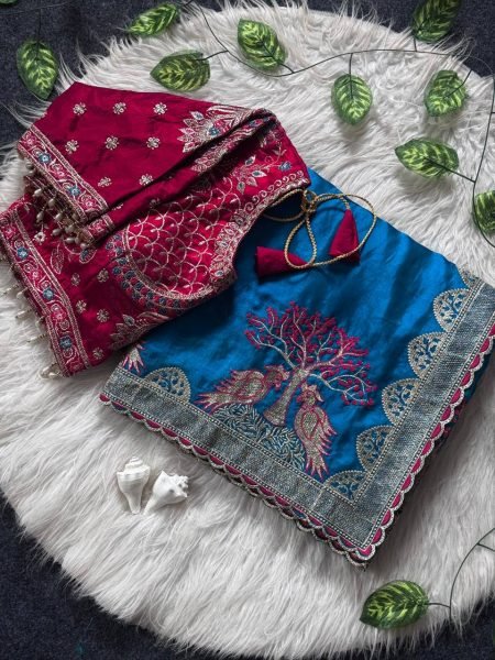 Innovative Teal Blue Ready to Wear Fendy Satin Saree with Thread Embroidery Work at Wholesale Rate Designer Wedding Sarees Wholesale