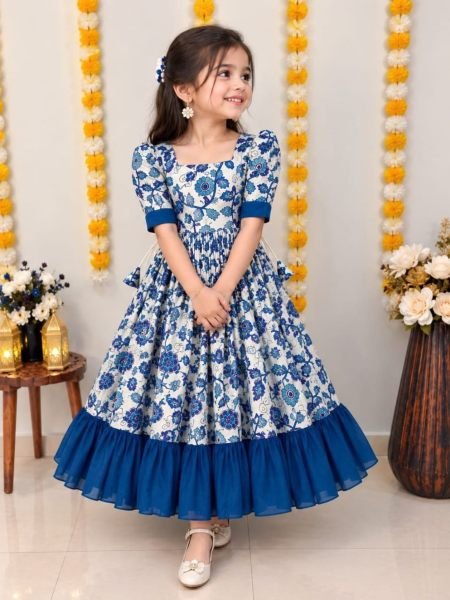 Innovative White Designer Girls Soft Silk Gown with Kalamkari Digital Print 