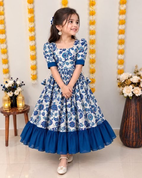 Innovative White Designer Girls Soft Silk Gown with Kalamkari Digital Print Girls Wear