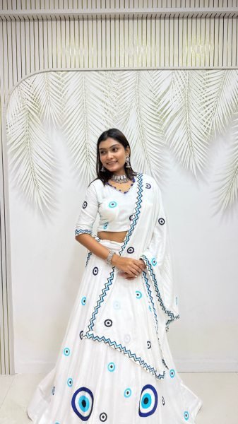 Innovative White Designer Pure Cotton Lehenga Choli with Matching Thread Work Dupatta Navratri Lehnega Choli