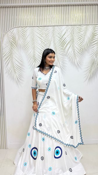 Innovative White Designer Pure Cotton Lehenga Choli with Matching Thread Work Dupatta Navratri Lehnega Choli
