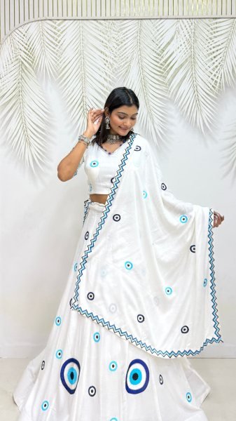 Innovative White Designer Pure Cotton Lehenga Choli with Matching Thread Work Dupatta Navratri Lehnega Choli